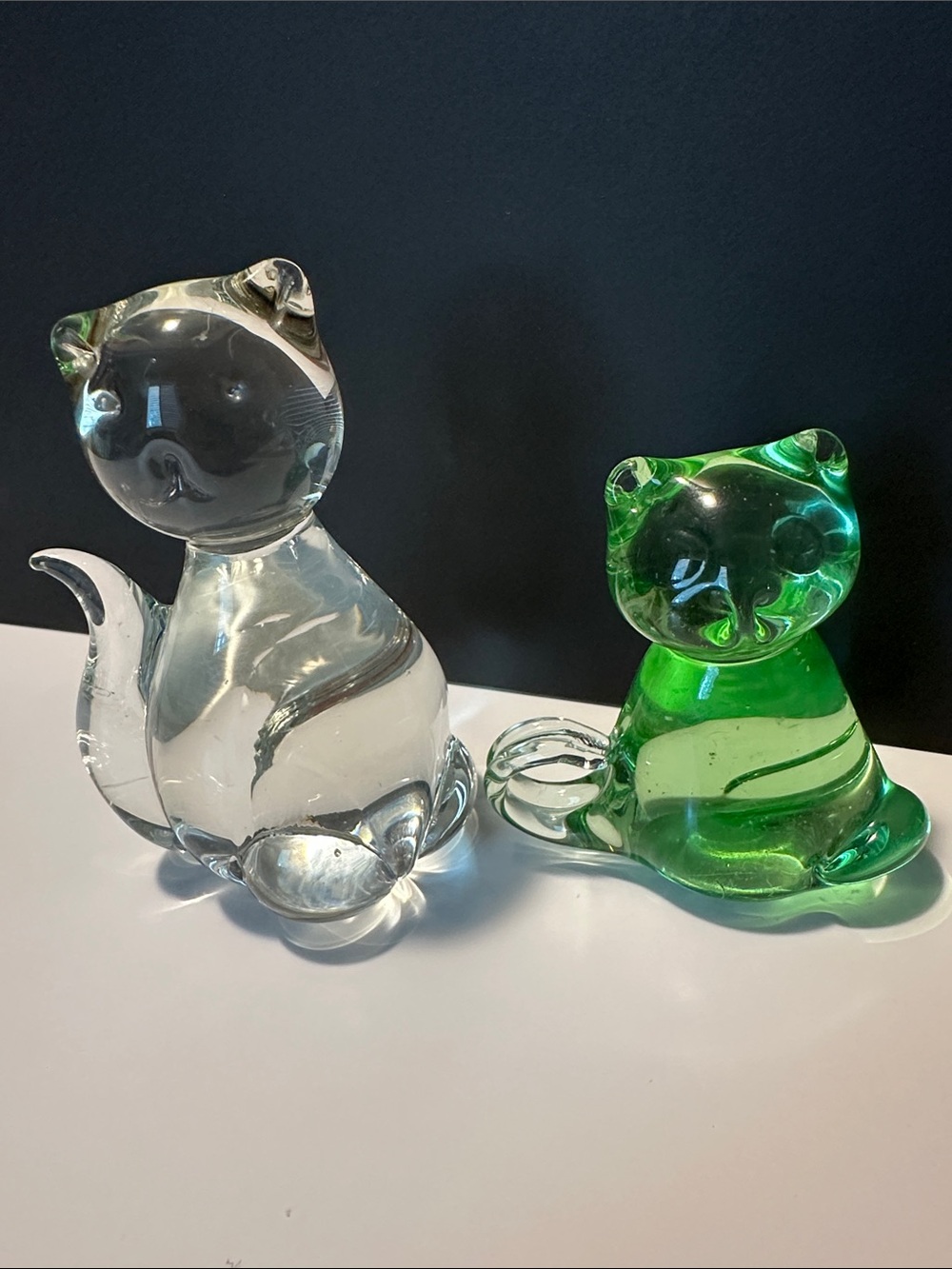 Handblown Glass Cat Figurines — Clear and Green